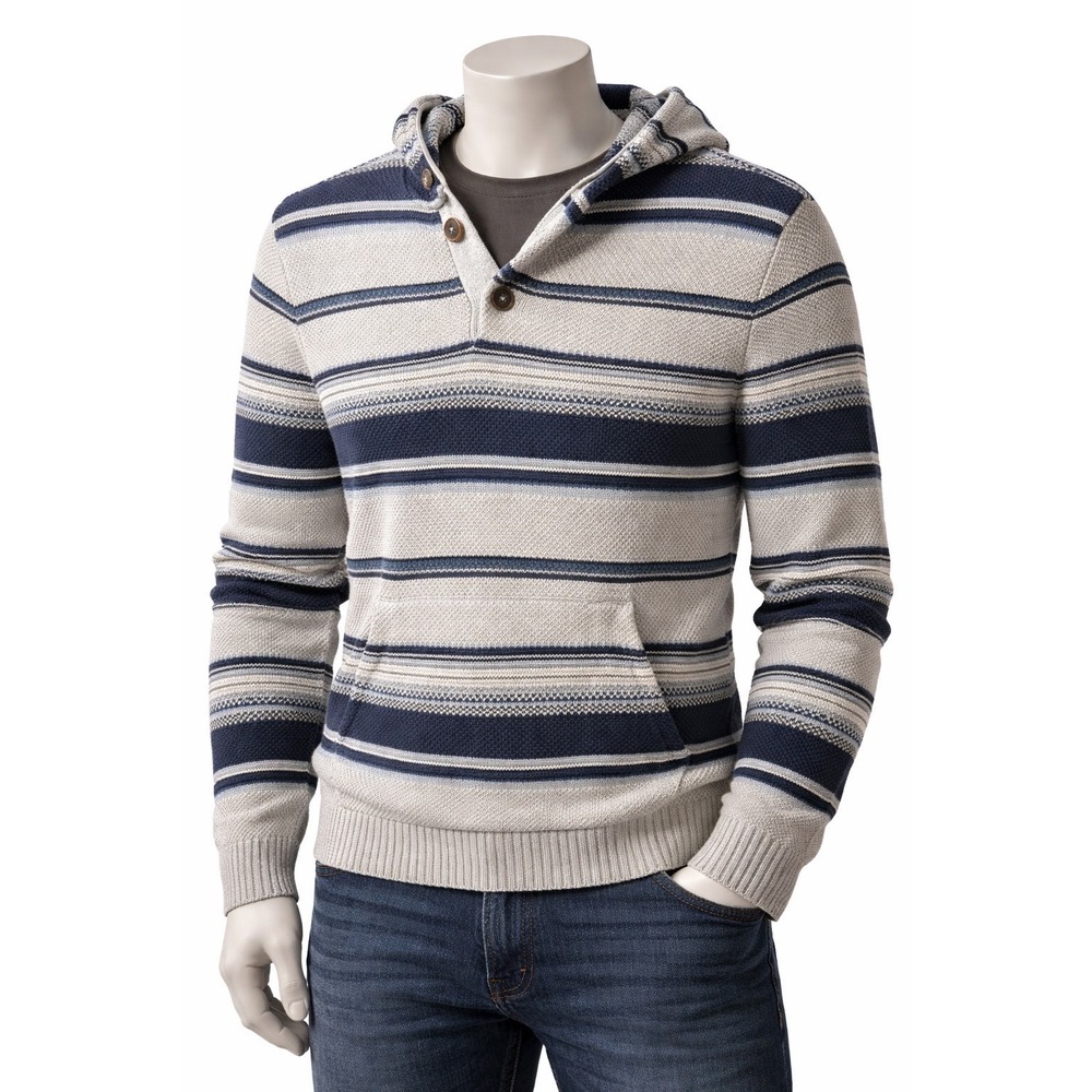 American Eagle Vintage Mens Hooded Henley‎ Sweater Blue Grey Striped Cotton M